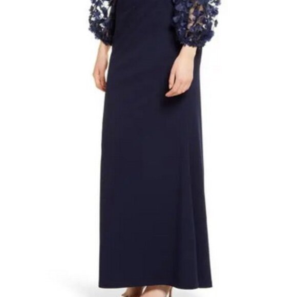 Eliza J Navy Blue Floral Applique Long Sleeve Trumpet Gown - Picture 6 of 6
